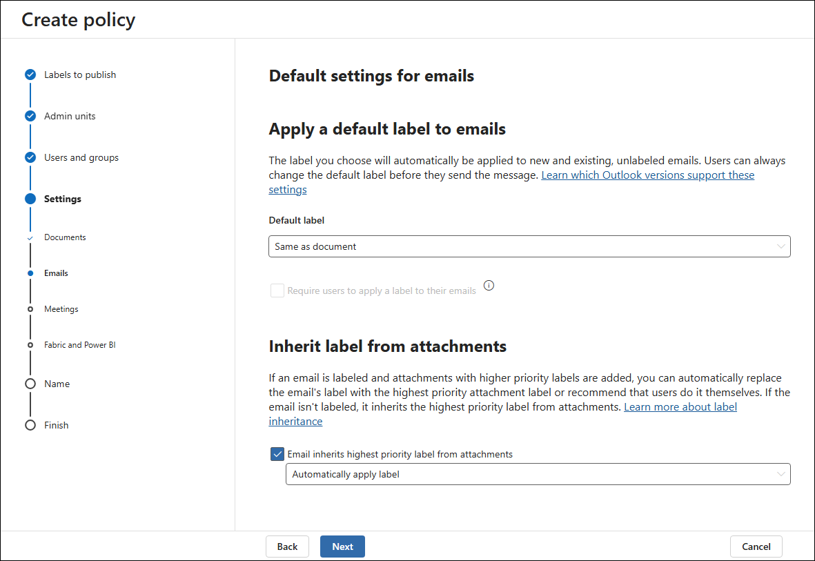 Default settings for emails.