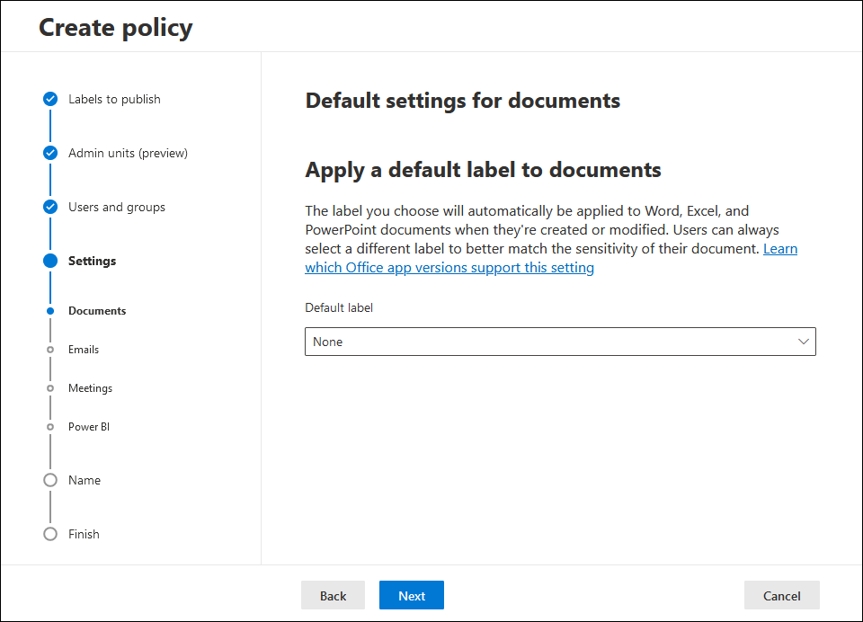 Configuring default label settings for Office 365 documents.