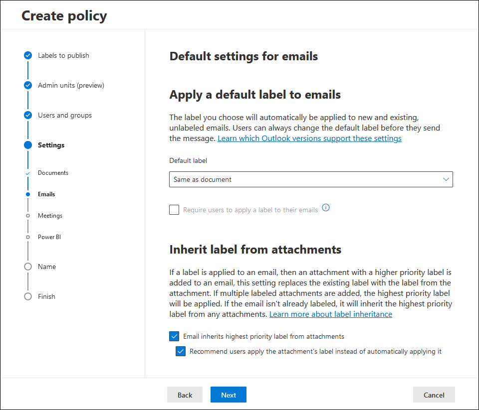 Configuring default label settings for emails in Exchange Online.