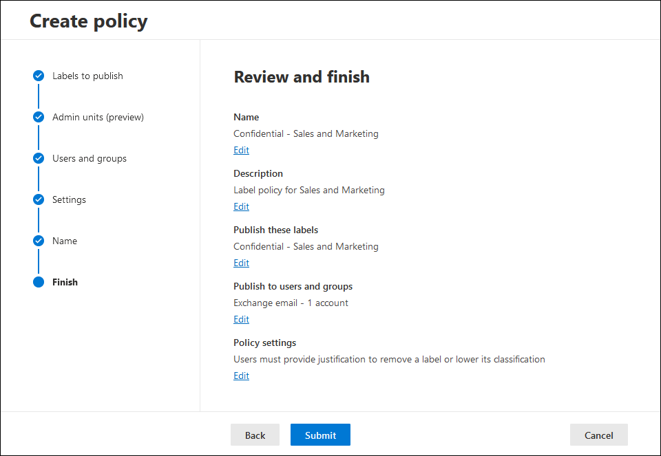 Reviewing the settings in the Create (label) policy wizard.