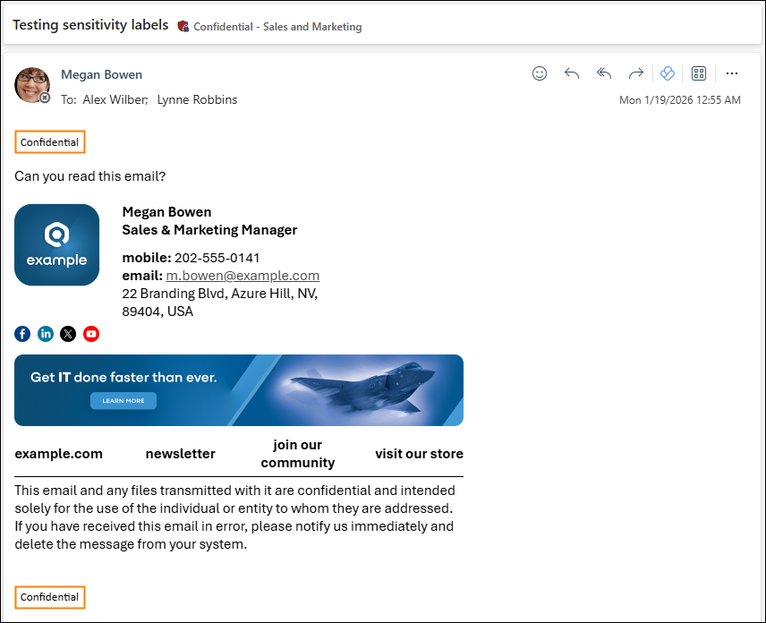 Confidential header and footer in OWA.