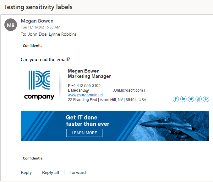 Sensitivity label applied correctly in an email message.