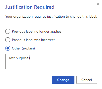 Sending a justification required to change sensitivity label in a document.