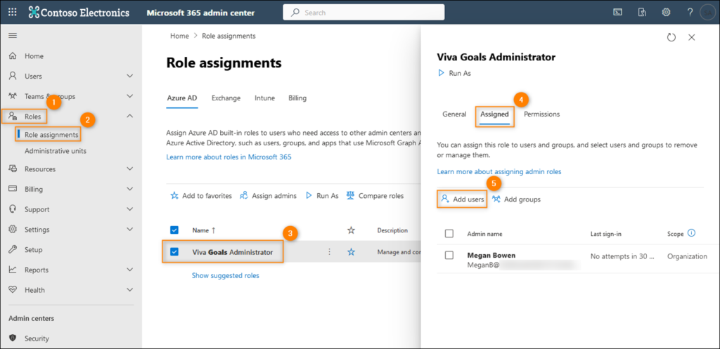 M365 admin center - assigning the Viva Goals Administrator role