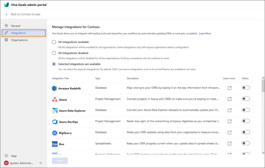 Viva Goals admin portal - Integrations tab