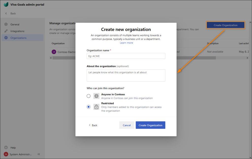 Viva Goals admin portal - creating a new organization