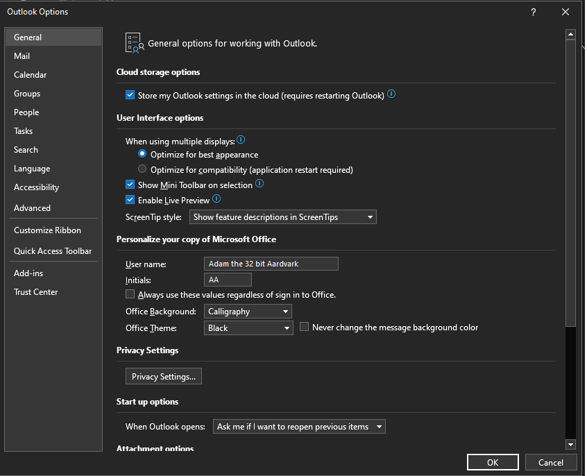 classic Outlook for Windows settings