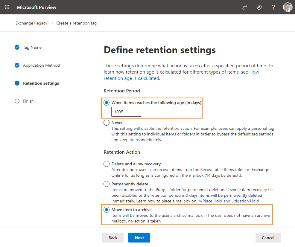Configure retention settings for a retention tag