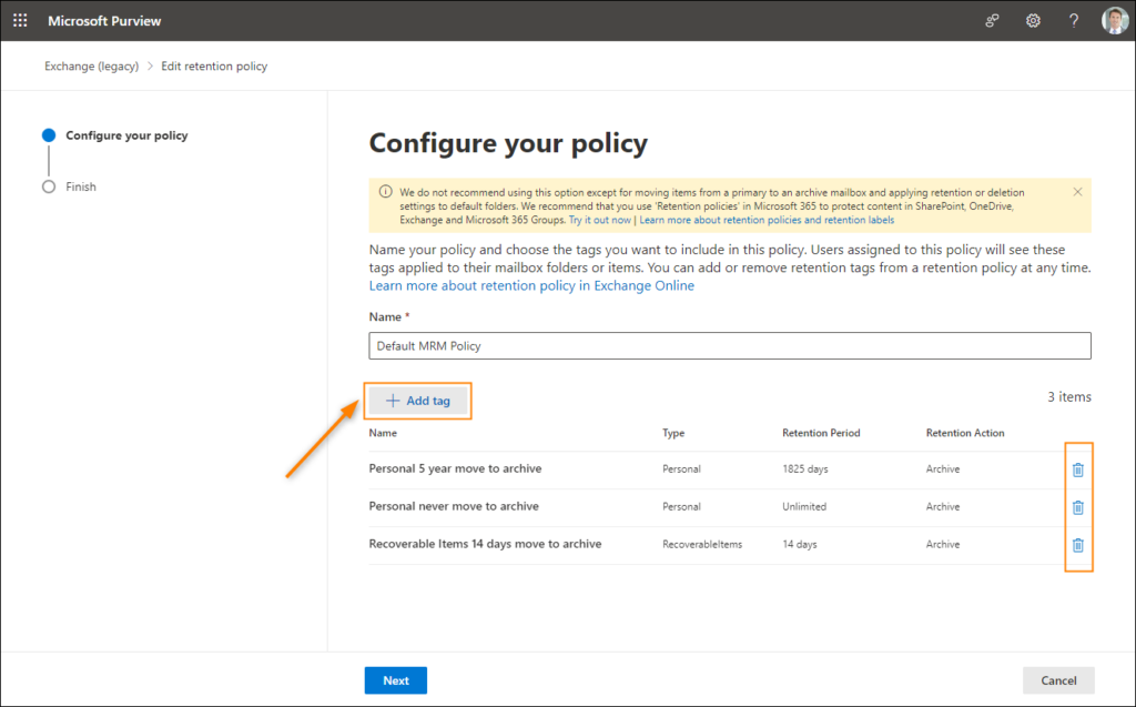 Editing retention tags of the default MRM policy in Microsoft 365