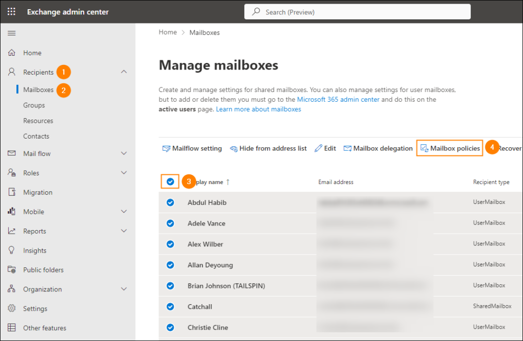 Accessing the MRM policy assignment settings in the Exchange admin center (EAC)