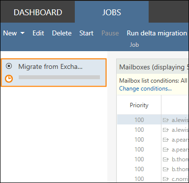 Newly configured job appears on the migration job list in CodeTwo Exchange Migration