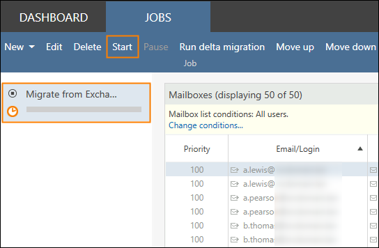 Starting an Exchange migration job in CodeTwo Exchange Migration