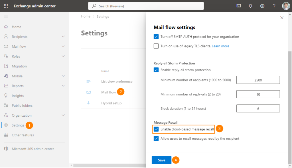 Enabling/disabling the new cloud-based Message Recall organization-wide