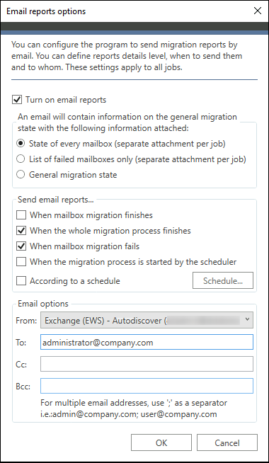 Options for email reporting in CodeTwo Exchange Migration