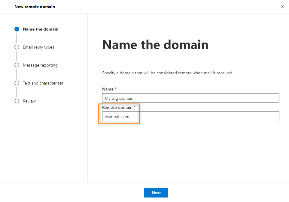 Entering your email domain to set is as a remote domain