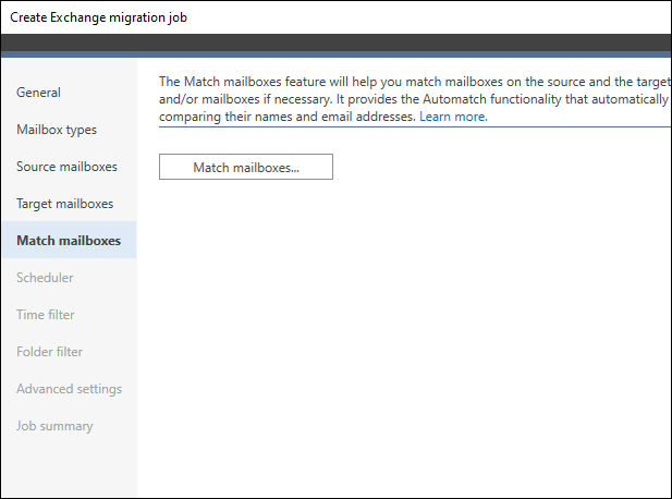 The Match mailboxes step in the new migration job wizard