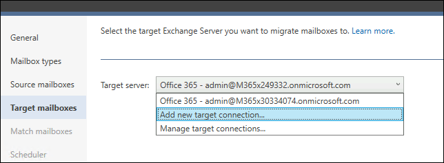 Choosing to add a new target Microsoft 365 connection in CodeTwo Office 365 Migration
