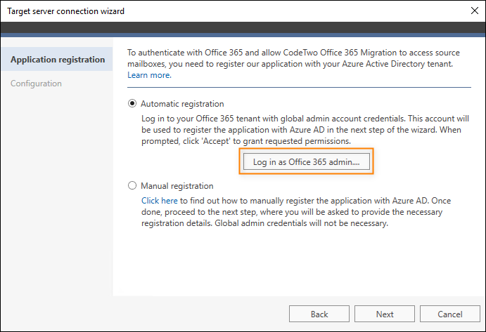 The Application registration step when connecting to target Microsoft 365