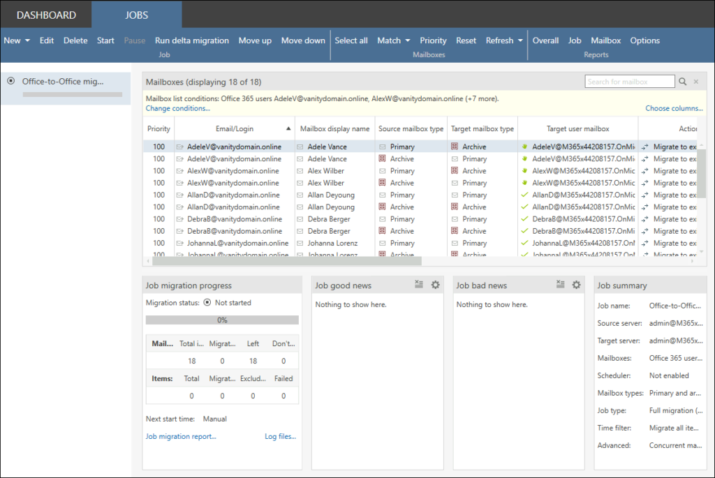 Migration job is ready to start in CodeTwo Office 365 Migration