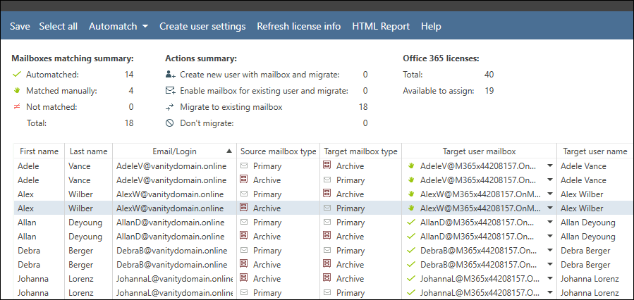 The process of matching source and target Microsoft 365 mailboxes in CodeTwo Office 365 Migration