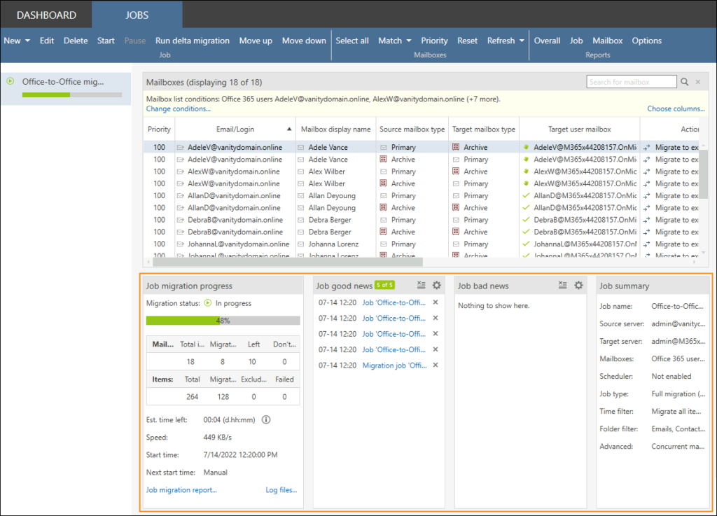 Monitoring cross-tenant migration in CodeTwo Office 365 Migration