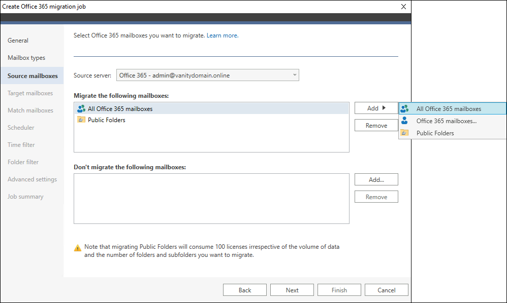 Selecting source Microsoft 365 mailboxes to migrate