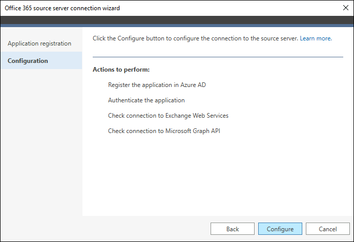 The Configuration step of the source server connection wizard