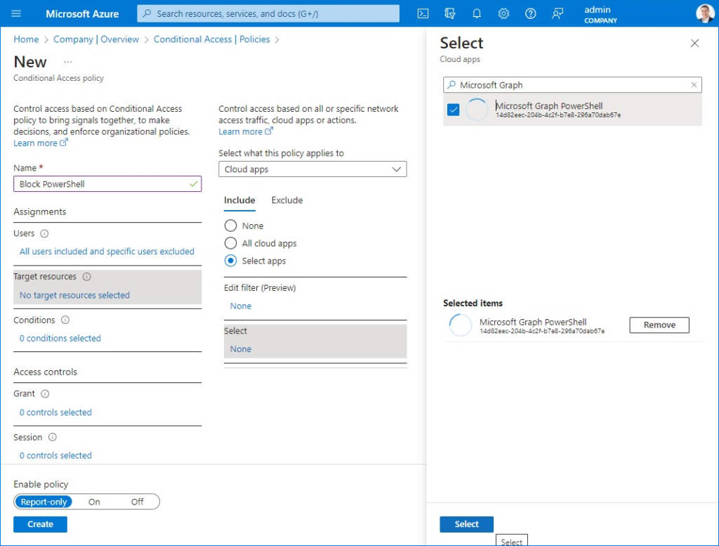 Conditional Access Policy - select Microsoft Graph PowerShell