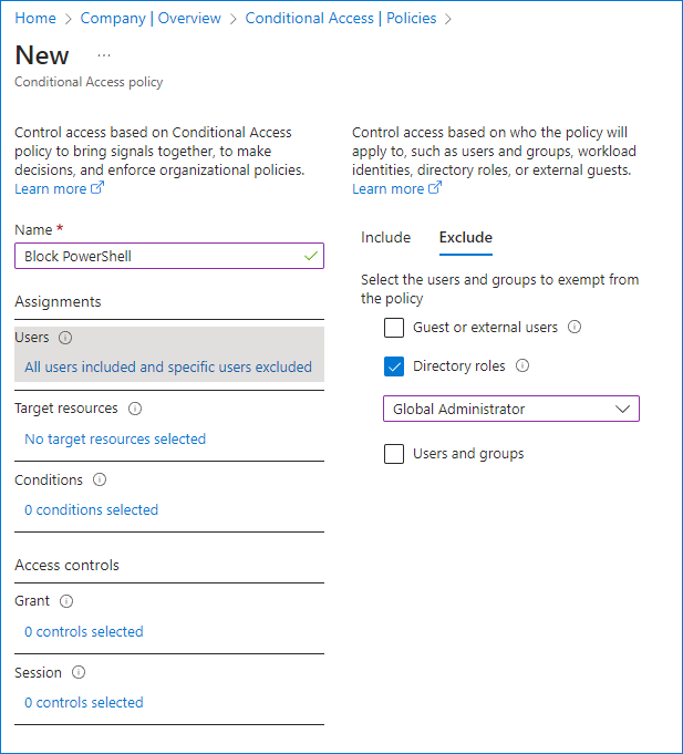 Exclude admins from conditional access policy