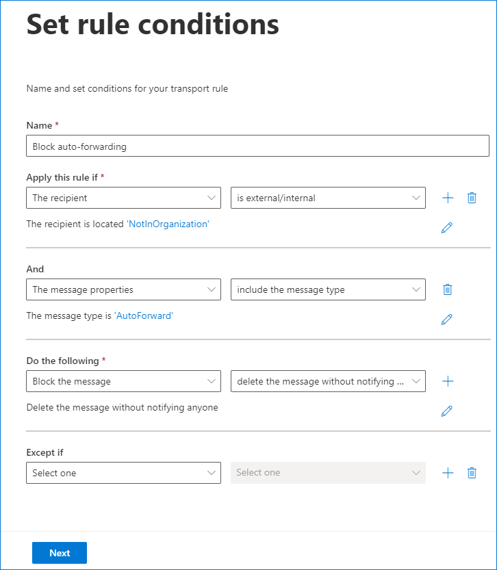 Block external auto forwarding rule setup