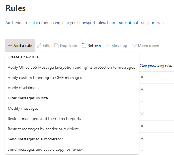 Create new mail flow rule in Exchange admin center