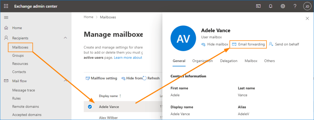 Exchange admin center email forwarding