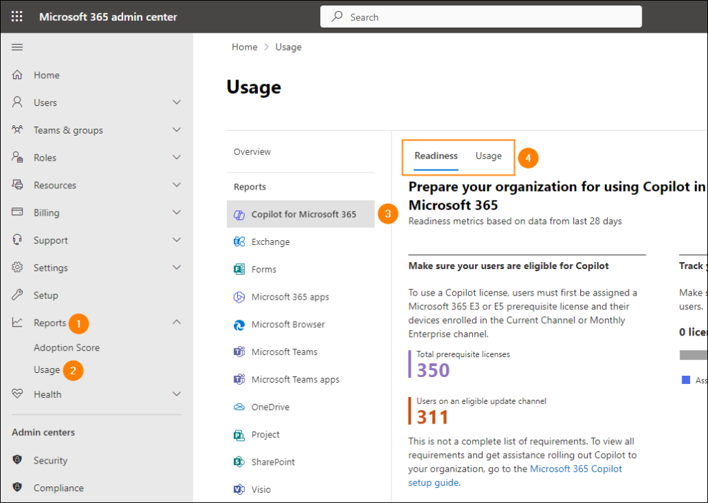 Checking your Copilot readiness in the Microsoft 365 admin center.