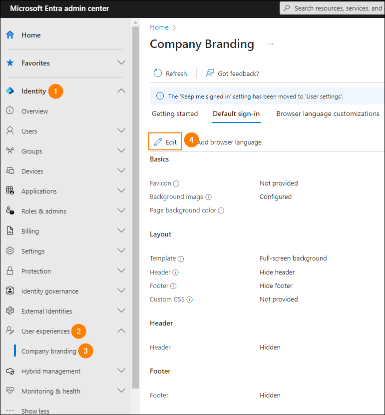Accessing company sign-in page customization settings in Microsoft 365