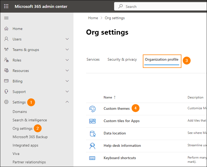 Accessing settings to brand Microsoft 365 apps appearance