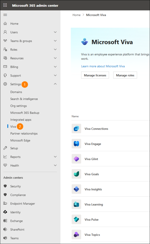 Accessing Microsoft Viva settings in the Microsoft 365 admin center