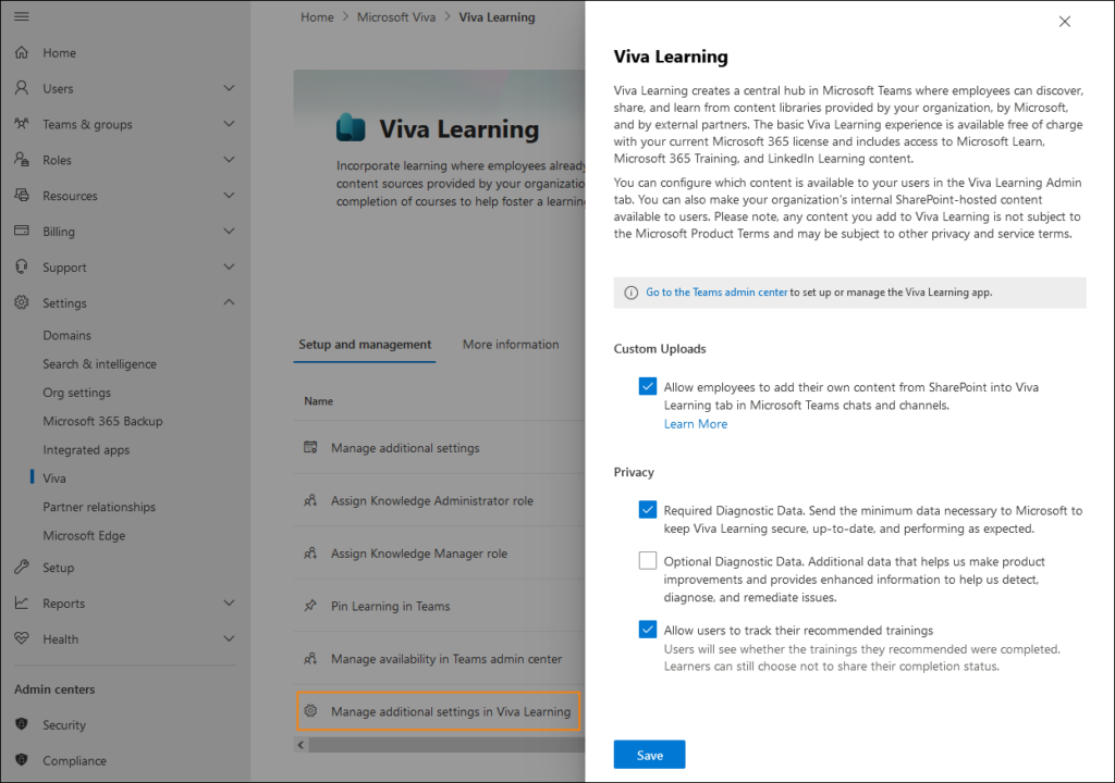 Managing additional settings for Viva Learning in the Microsoft 365 admin center