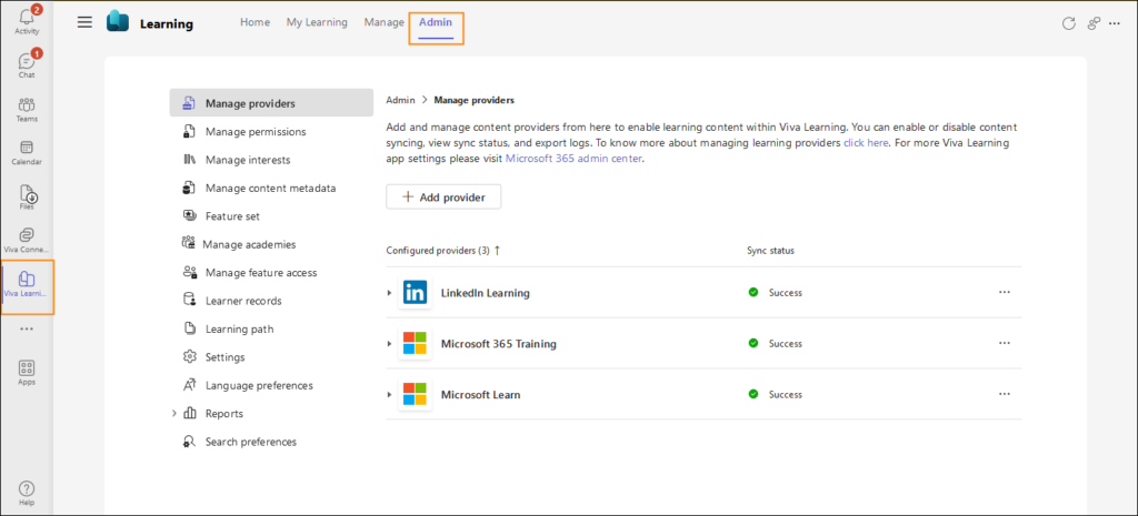 Accessing Viva Learning settings in Microsoft Teams