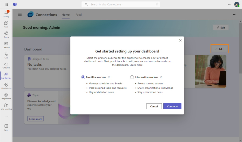 Starting editing Dashboard in the Viva Connections app in Microsoft Teams
