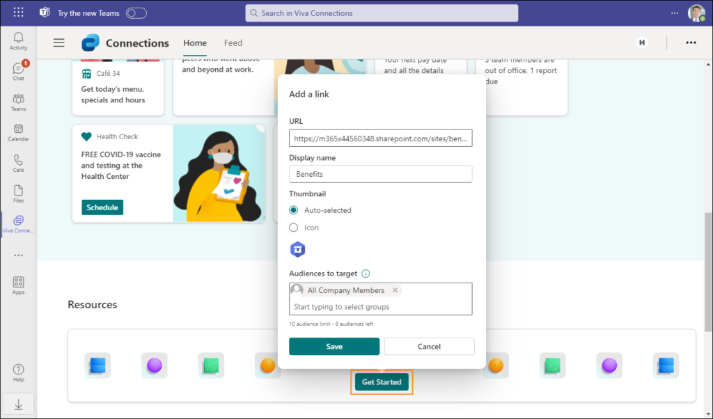 Adding a link to the Resources section of the Viva Connections app in Microsoft Teams