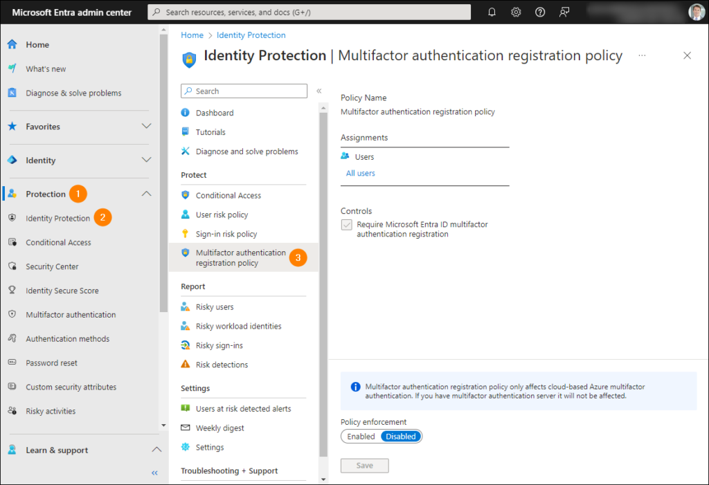 Accessing the MFA settings in Microsoft Entra ID Protection