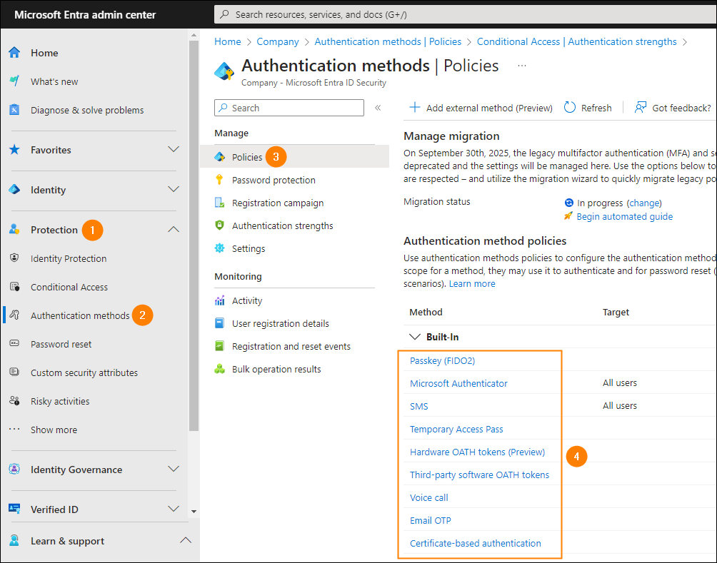 Accessing multi-factor authentication method settings in the Microsoft Entra admin center