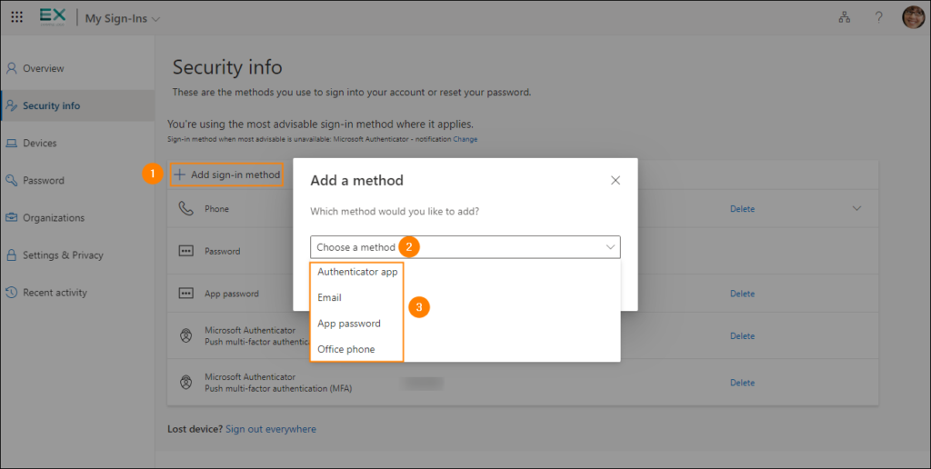 Configuring Microsoft 365 sign-in methods on the Security info page
