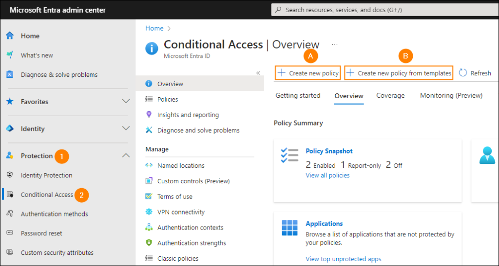 Options to create a Conditional Access Policy from scratch or from a template