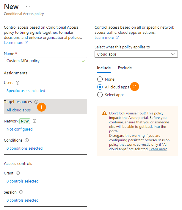 Configuring which resources or apps will be covered by the MFA Conditional Access Policy