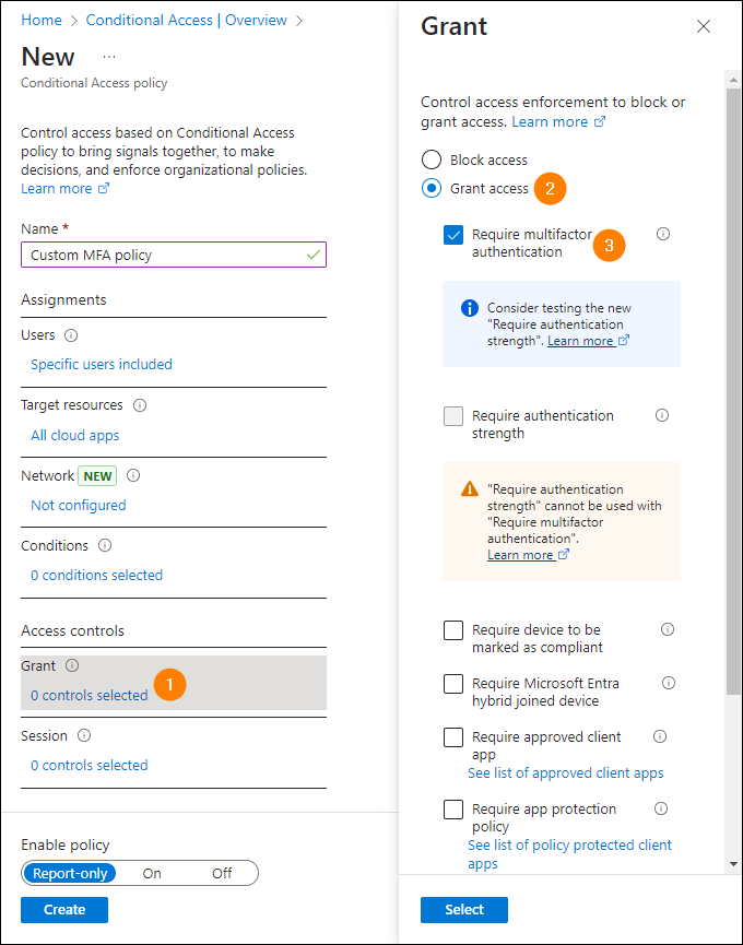 Configuring the Grant settings of the MFA Conditional Access Policy