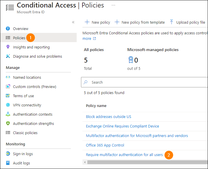 Editing an existing MFA Conditional Access Policy in the Microsoft Entra admin center