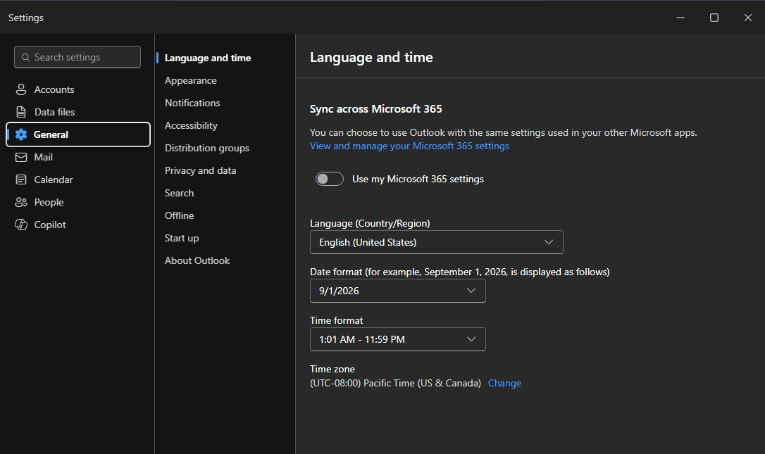 New Outlook for Windows settings