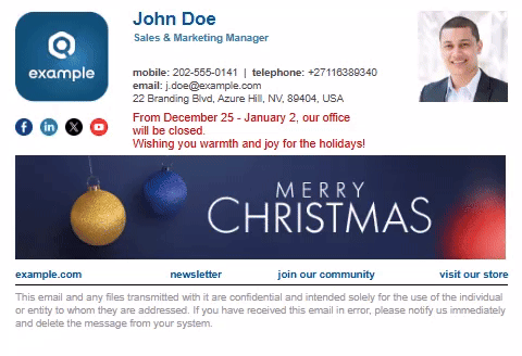 Animated holiday signature created in CodeTwo Email Signatures 365.
