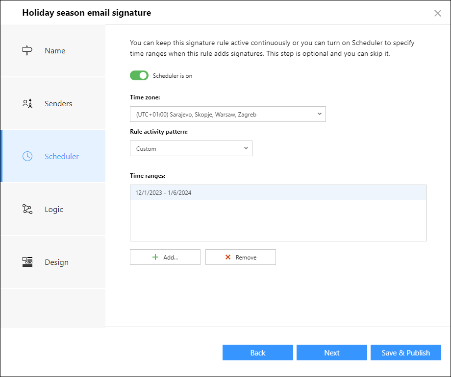 Configuring scheduler in CodeTwo Email Signatures 365 to automatically enable and disable holiday season email signatures and autoresponders.